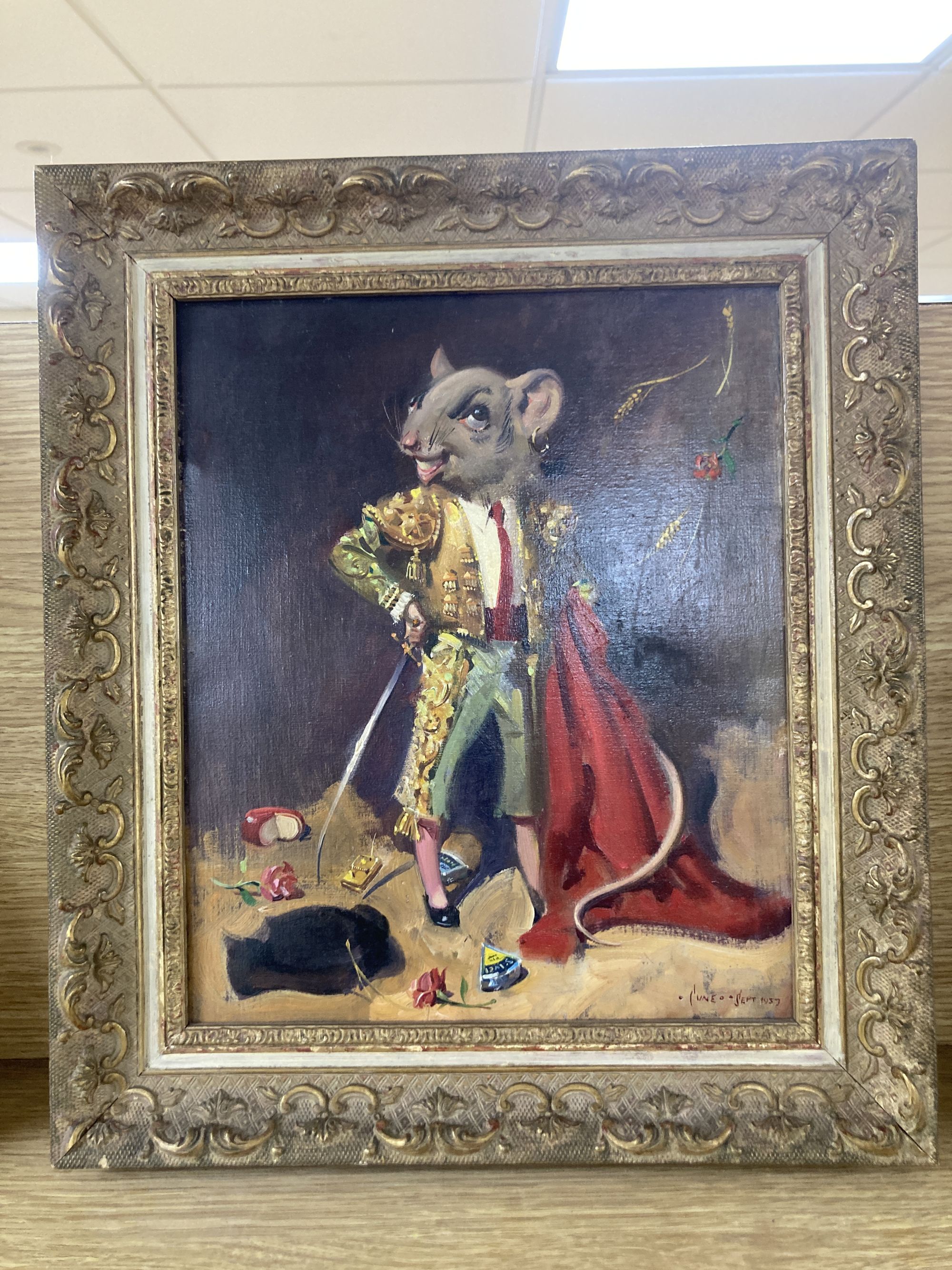 § Terence Cuneo (1907-1996), oil on canvas, Bullfighter mouse, signed and dated Sept.1957, 29 x 24cm